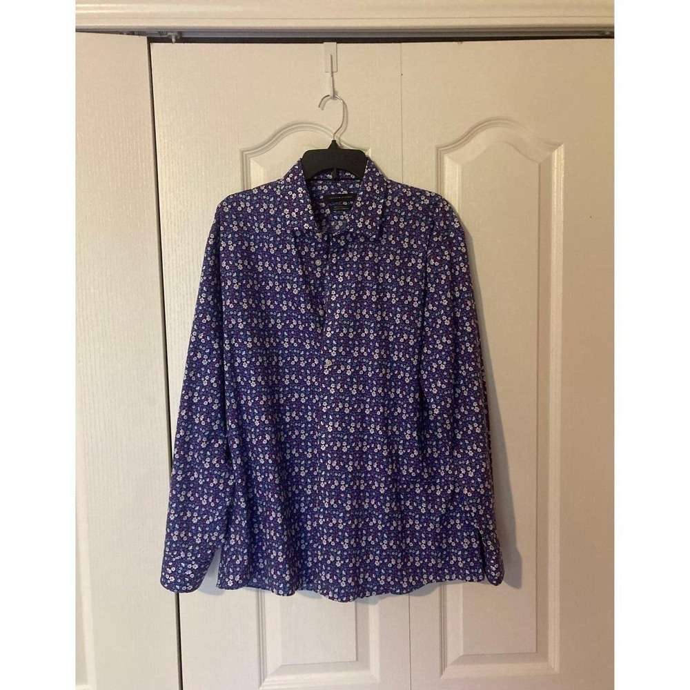 Tommy Hilfiger Men Floral Slim Fit Stretch Button Shirt XL 17.5 34/35 Blue Pink